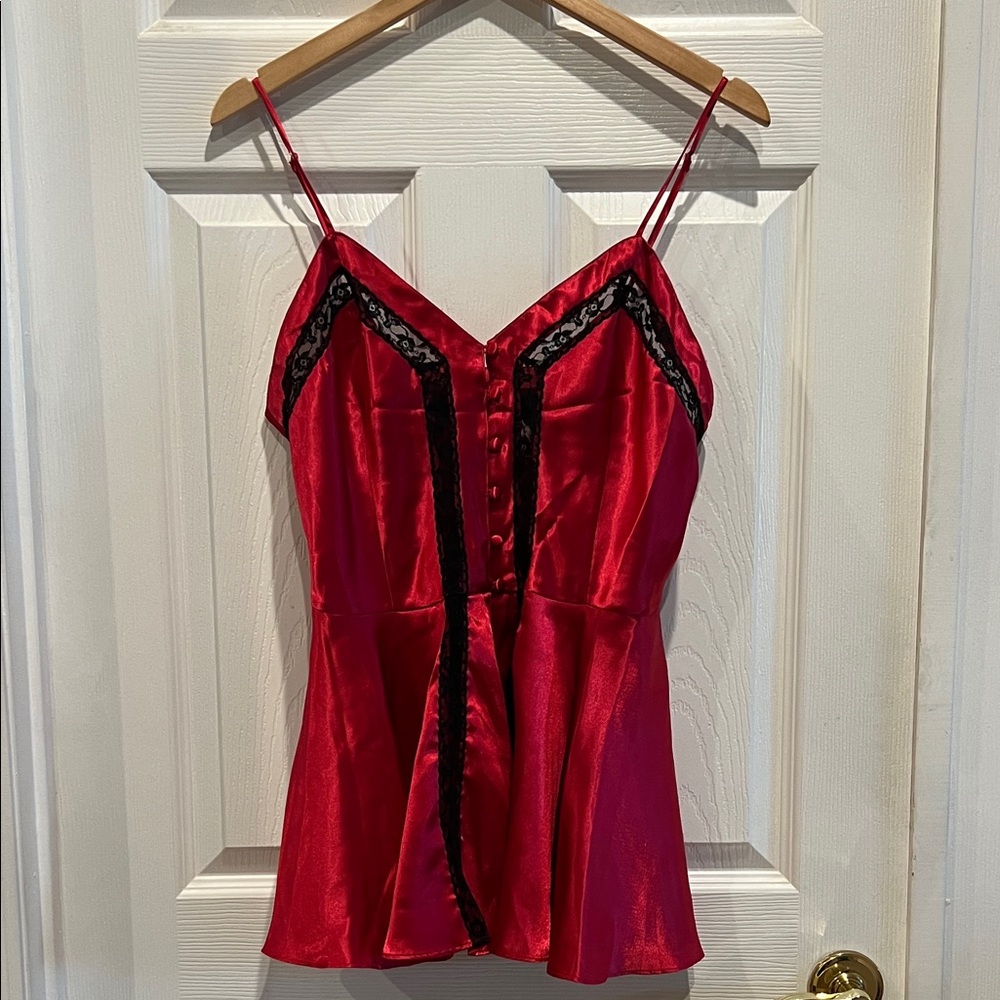 Vintage VICTORIA’S SECRET Gold Label Red Satin Nightie with Black Lace Trim
